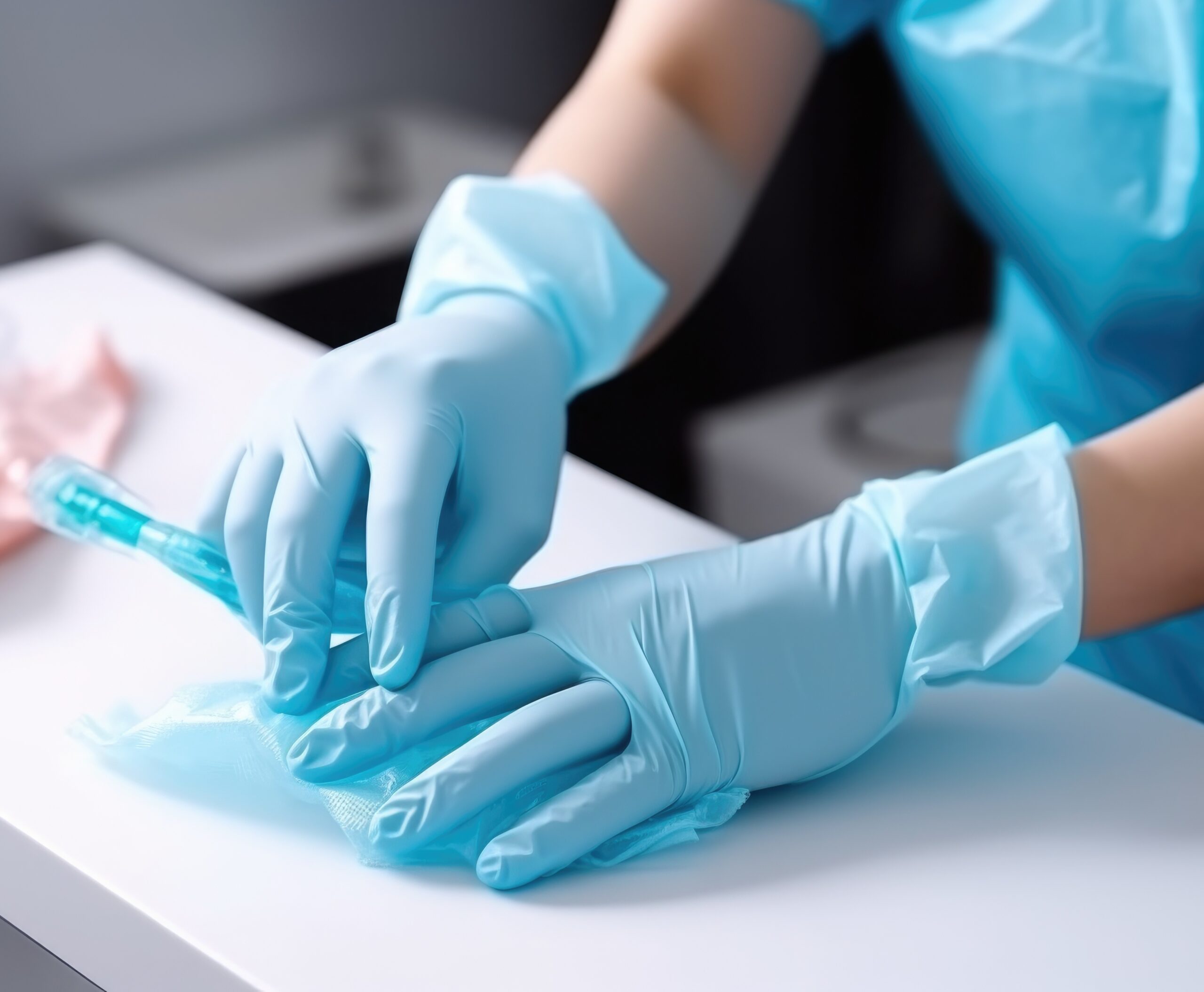 closeup shot of a medical practitioner putting on rubber gloves